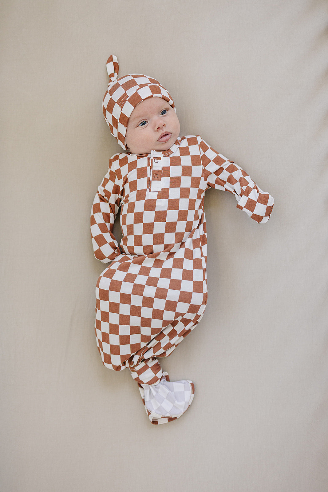 Rust Checkered Bamboo Newborn Knot Hat