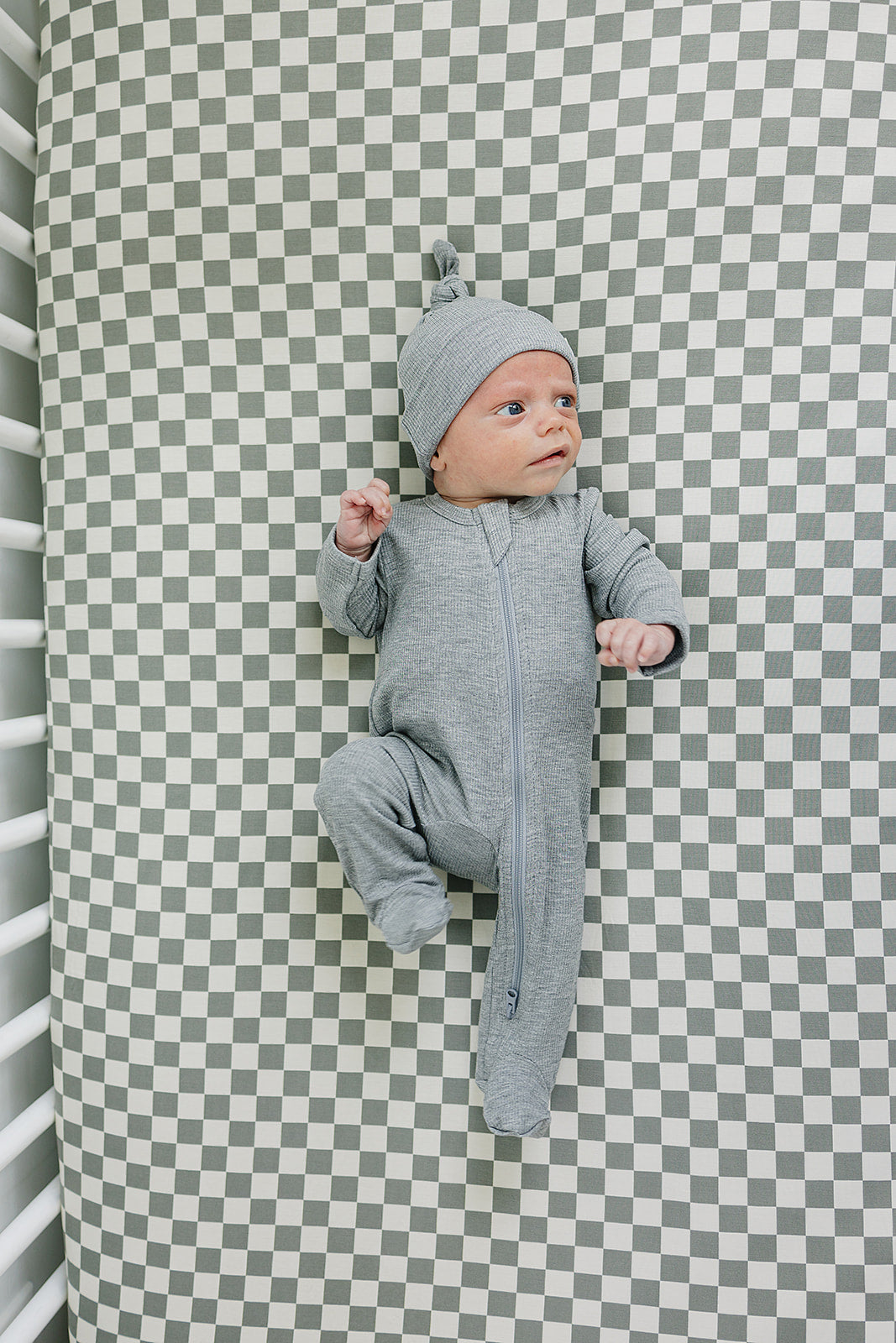 Mebie Baby Light Green Checkered Bamboo Stretch Crib Sheet